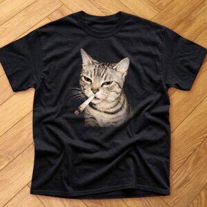 Funny Smoking Cat Graphic T Shirt Black Internet Meme Cat Tee